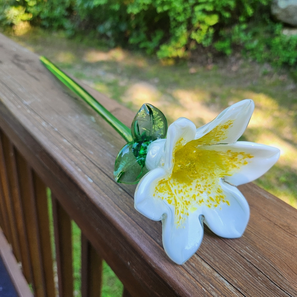 Murano Style Yellow And White Long Stem Glass Flower
